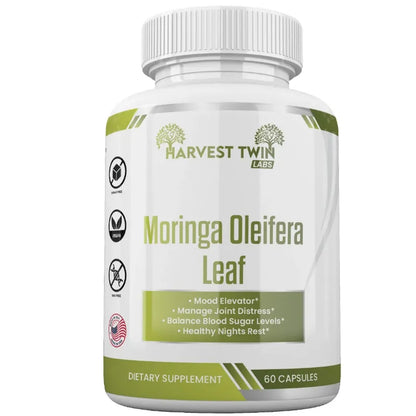 A white bottle of Harvest Twin Labs Moringa Oleifera Leaf dietary supplement, containing 60 capsules, shown on a plain white background.