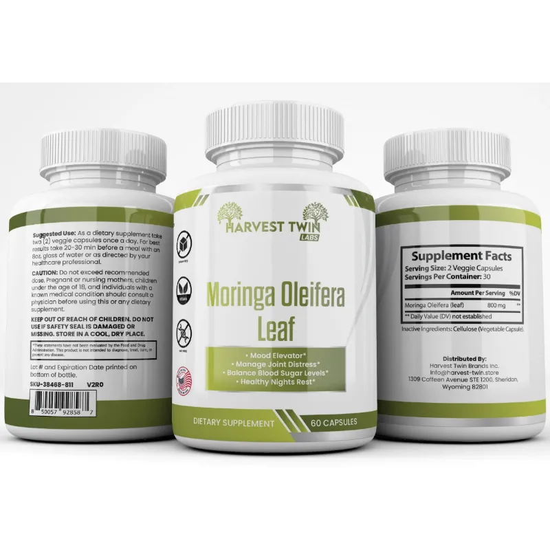 Three supplement bottles shown on a light gray studio background: one front-facing bottle labeled Harvest Twin Moringa Oleifera Leaf and two side bottles showing the back supplement facts and usage panels.