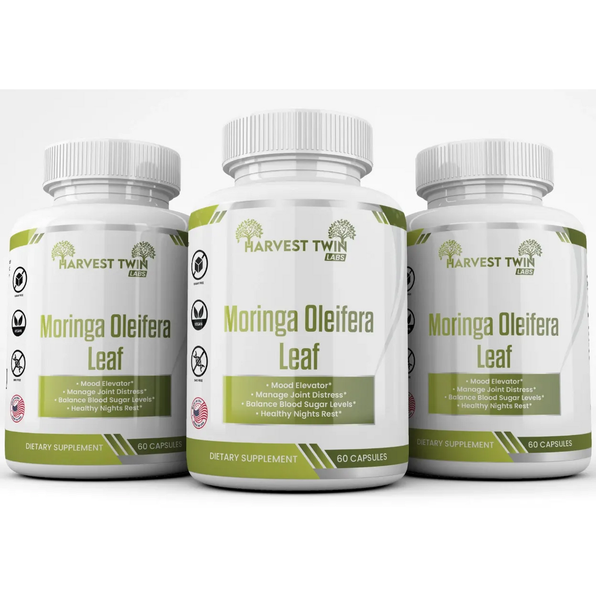 Three white supplement bottles of Harvest Twin Labs Moringa Oleifera Leaf dietary supplement, arranged side by side on a white background.