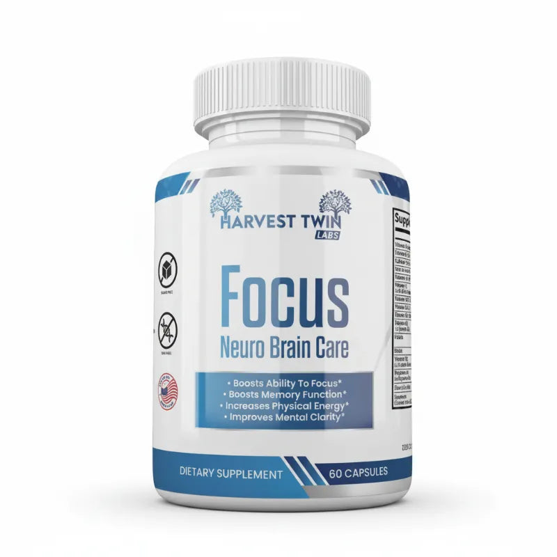 A white plastic bottle of Harvest Twin Labs 'Focus Neuro Brain Care' dietary supplement with a white cap, set against a plain white background.