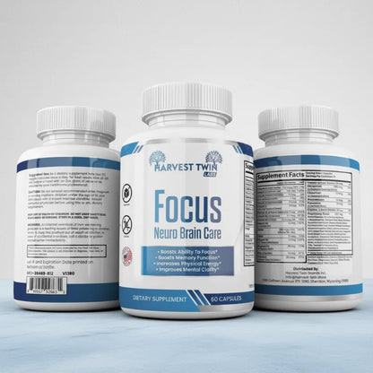 Three white supplement bottles labeled Harvest Twin Labs Focus Neuro Brain Care, shown from front and back angles on a light gray background.
