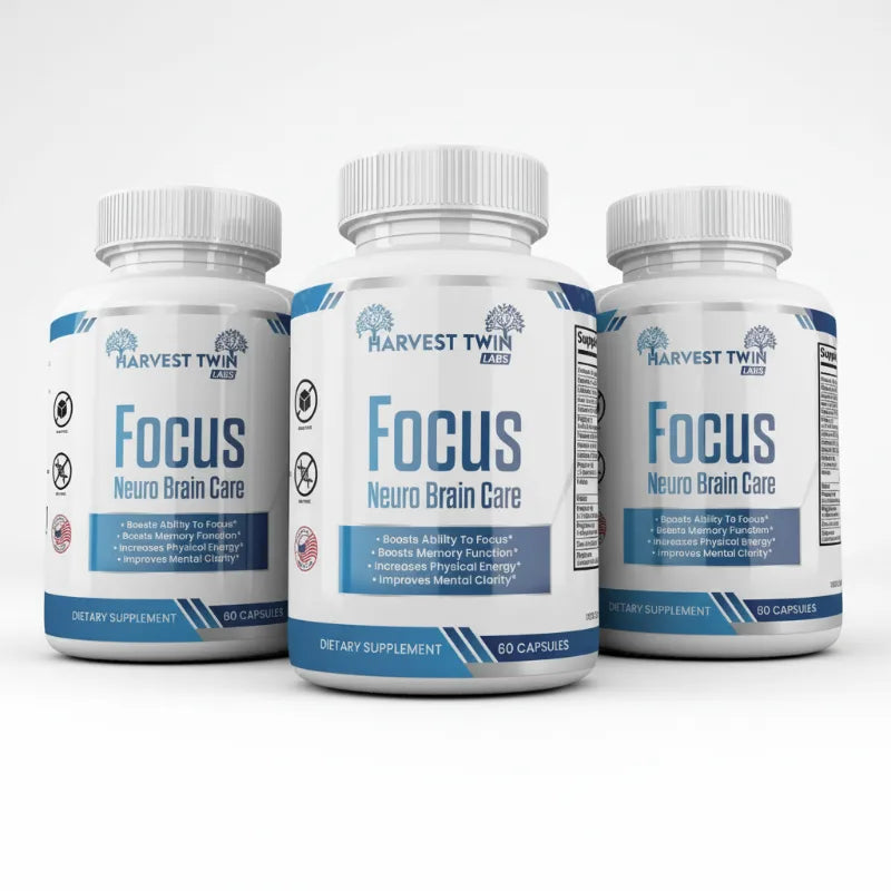 Three white supplement bottles labeled Harvest Twin Focus Neuro Brain Care, arranged in a row against a light gray background.