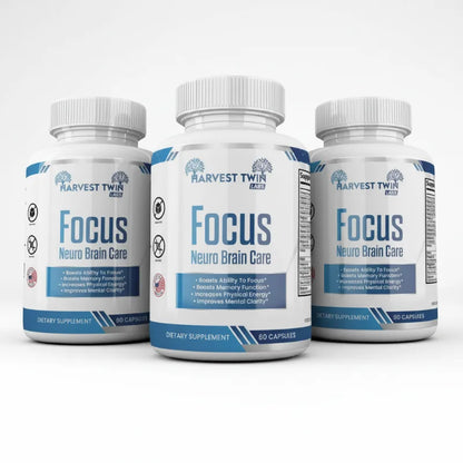 Three white supplement bottles labeled Harvest Twin Focus Neuro Brain Care, arranged in a row against a light gray background.