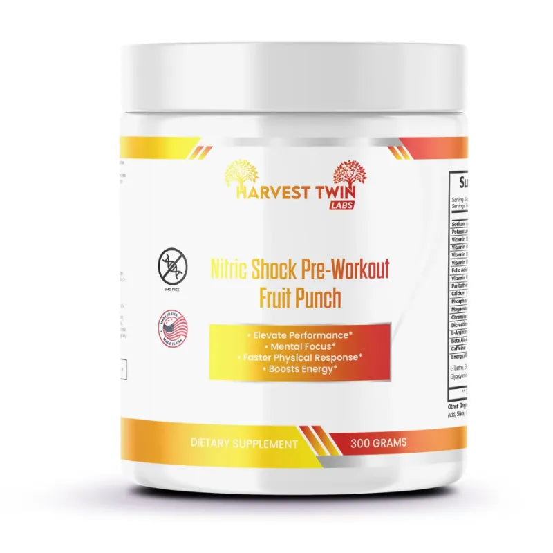 A white plastic tub of Harvest Twin Labs Nitric Shock Pre-Workout Fruit Punch dietary supplement, featuring a white label with yellow, orange, and red accents, set against a plain white background.