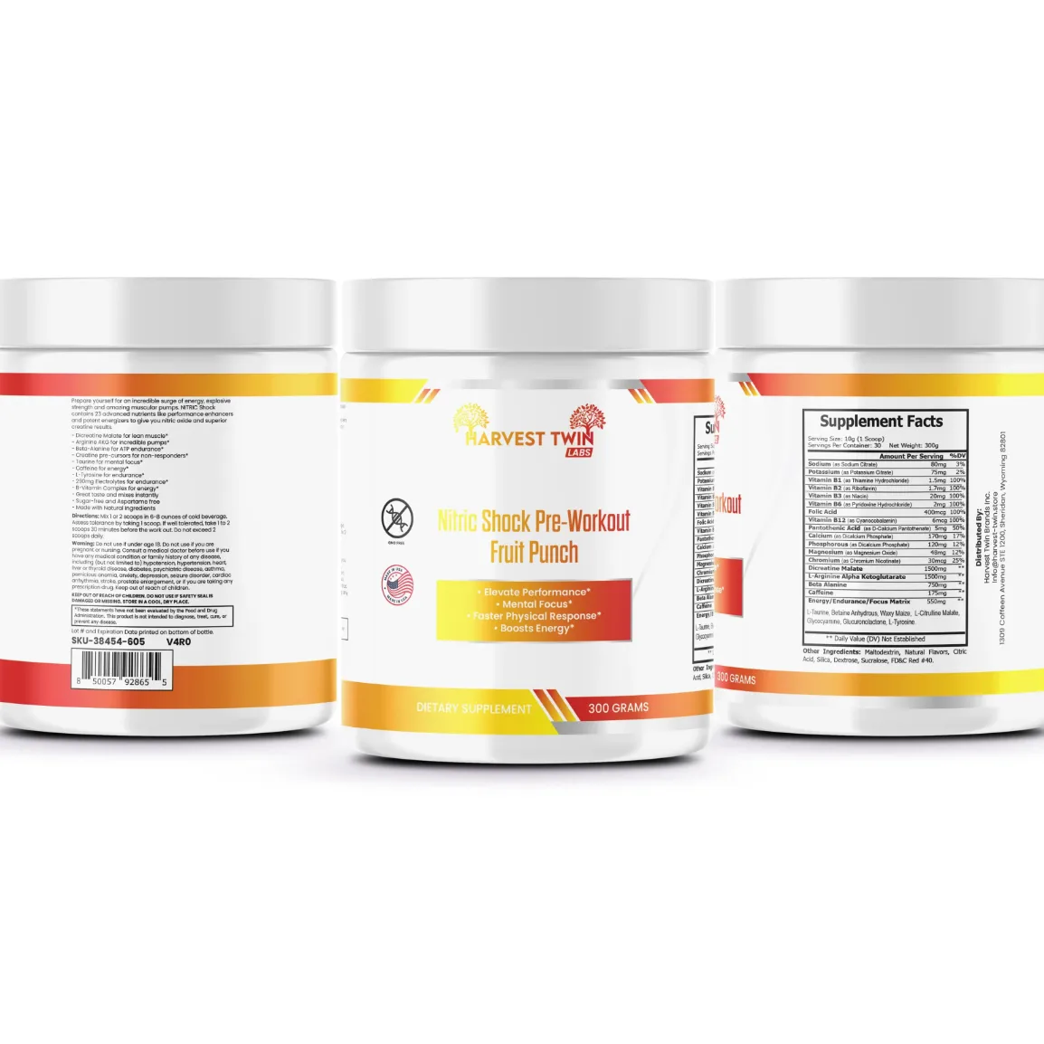 Three white plastic supplement tubs for Nitric Shock Pre-Workout Frail Punch by Harvest Twin Labs, showing the back, front, and side supplement facts labels against a white background.