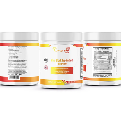 Three white plastic supplement tubs for Nitric Shock Pre-Workout Frail Punch by Harvest Twin Labs, showing the back, front, and side supplement facts labels against a white background.