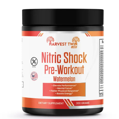 A jar of Harvest Twin Labs Nitric Shock Pre-Workout in Watermelon flavor, featuring a white label with orange and red accents and a black lid, set against a plain white background.