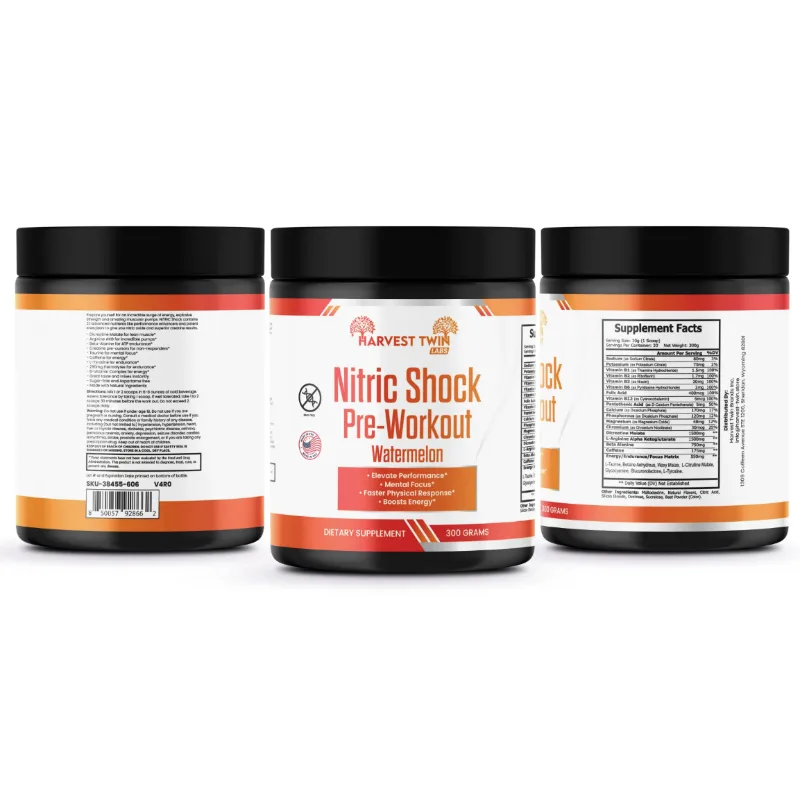 Three supplement tubs of Harvest Twin Nitric Shock Pre-Workout in Watermelon flavor, showing the front label, back ingredients, and side nutrition panel on a white background.