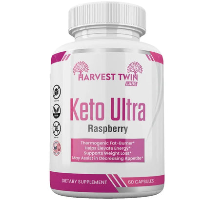 A white bottle of Harvest Twin Labs Keto Ultra Raspberry dietary supplement, featuring a white cap and a white label with pink and magenta text and accents.