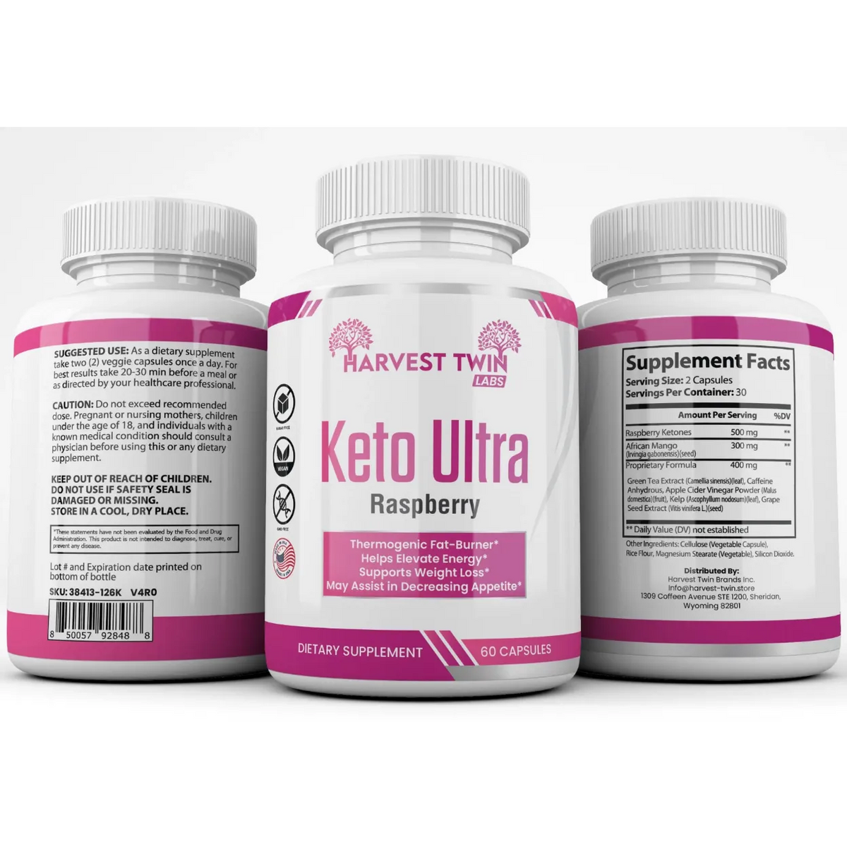 Three supplement bottles for Harvest Twin Labs Keto Ultra Raspberry, showing the front, back, and side supplement facts labels on a white background.