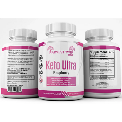 Three supplement bottles for Harvest Twin Labs Keto Ultra Raspberry, showing the front, back, and side supplement facts labels on a white background.