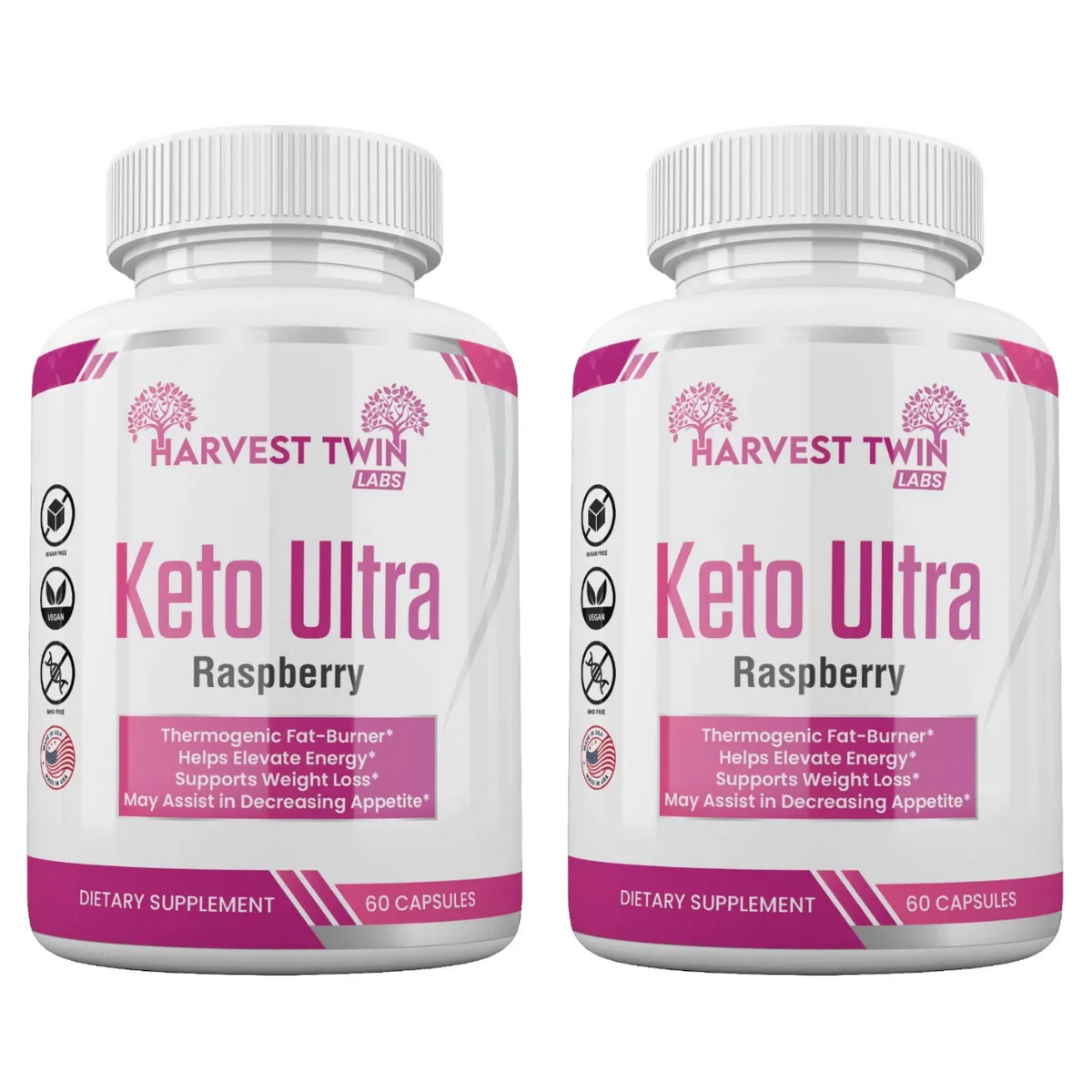 Two white bottles of Harvest Twin Labs Keto Ultra Raspberry dietary supplement, shown side by side on a white background.