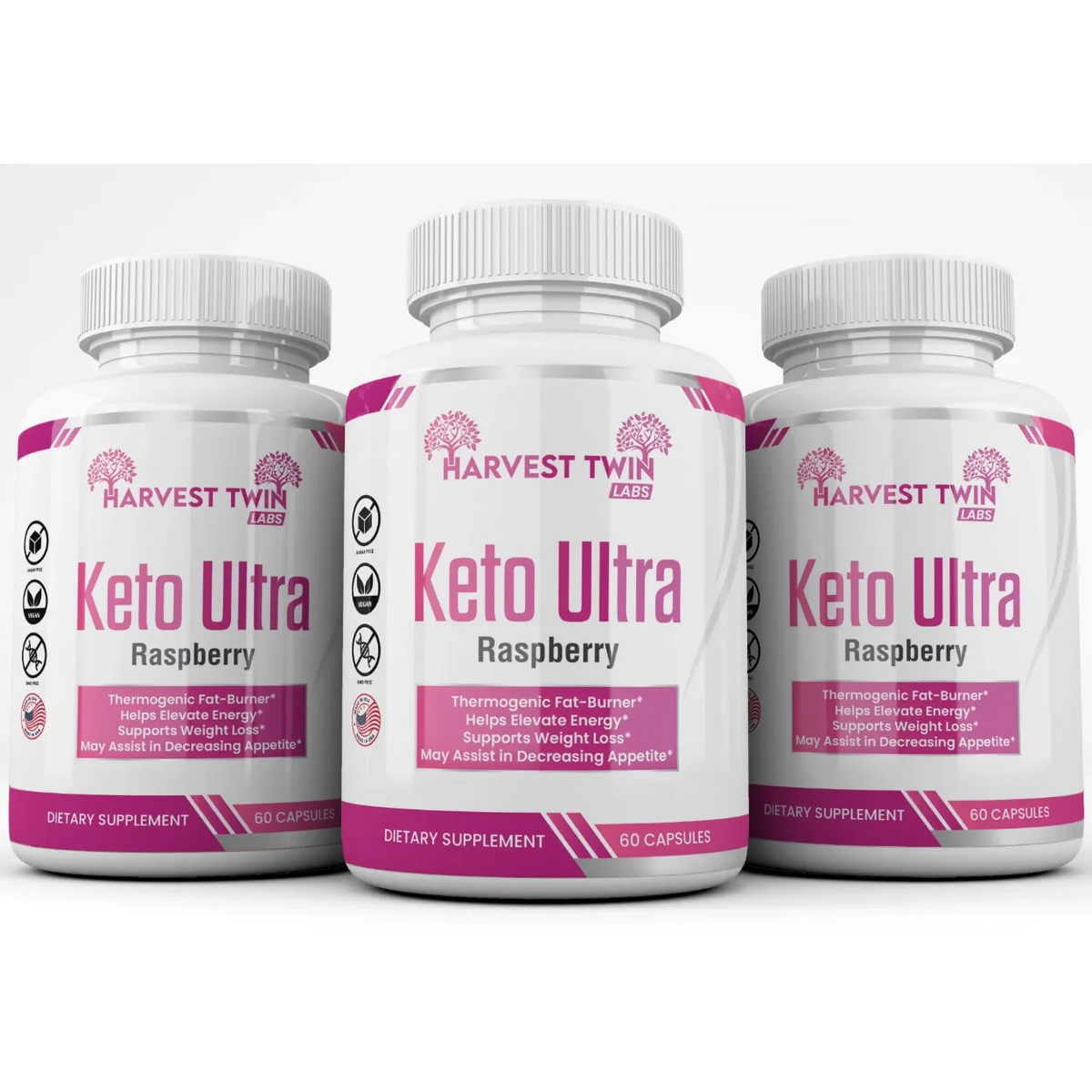 Three white bottles of Harvest Twin Keto Ultra Raspberry dietary supplements arranged in a row against a solid black background.