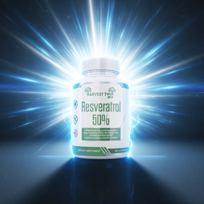 A white bottle of Harvest Twa Resveratrol 50% dietary supplement centered against a dramatic blue and white light burst background.