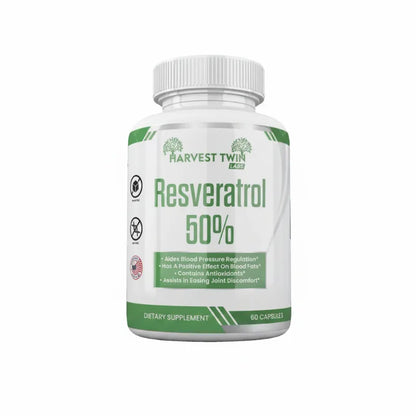 A white plastic bottle of Harvest Twin Labs Resveratrol 50% dietary supplement with a white cap, featuring a white and green label, on a solid white background.
