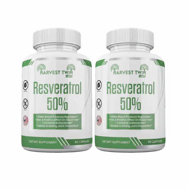 Two white bottles of Harvest Twin Resveratrol 50% dietary supplement capsules shown side by side on a plain white background.