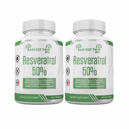 Two white bottles of Harvest Twin Resveratrol 50% dietary supplement capsules shown side by side on a plain white background.