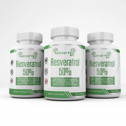 Three white supplement bottles of Harvest Twin Resveratrol 50% arranged in a row on a light gray background.