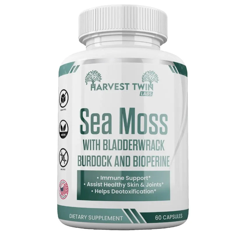 A white bottle of Harvest Twin Labs Sea Moss dietary supplement with a white ribbed cap, featuring a white label with green and teal text and accents.