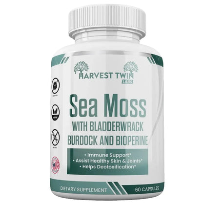 A white bottle of Harvest Twin Labs Sea Moss dietary supplement with a white ribbed cap, featuring a white label with green and teal text and accents.