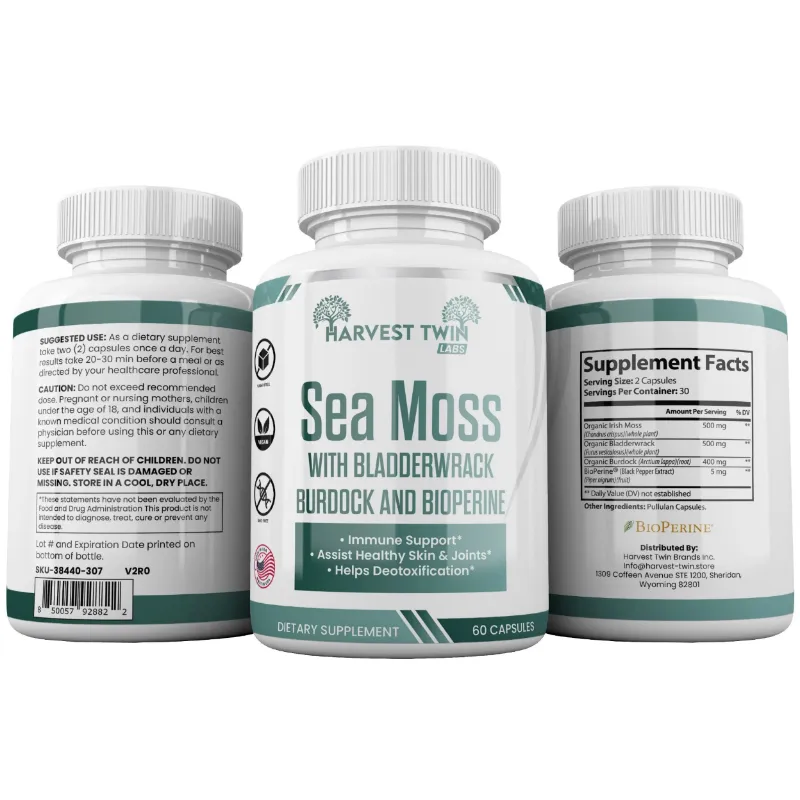 Three supplement bottles shown on a plain white background: the center bottle is front-facing with the label reading 'Sea Moss with Bladderwrack and Bioperine' and 'Harvest Twin,' while the left and right bottles show the back and side labels.