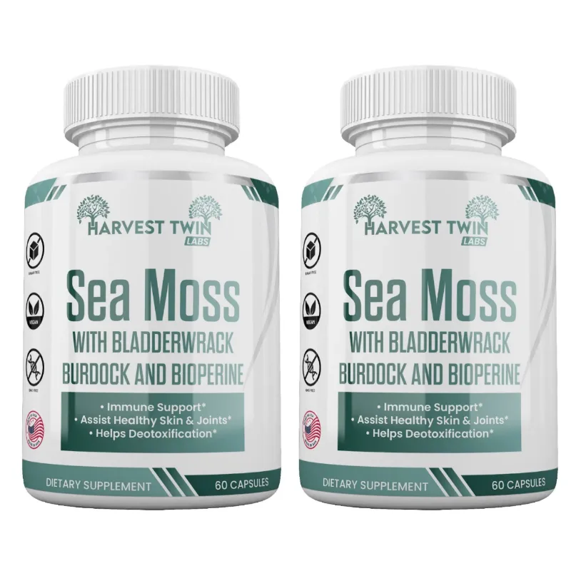 Two white supplement bottles side by side labeled Harvest Twin Labs Sea Moss with Bladderwrack, Burdock, and Bioperine, on a plain white background.