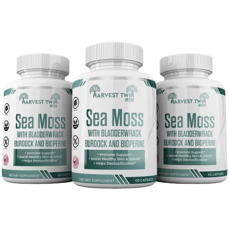 Three supplement bottles of Harvest Twin Sea Moss dietary supplement arranged side by side on a white background.