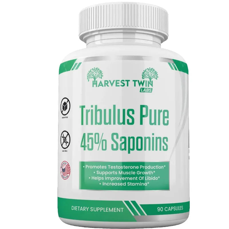 A white plastic bottle of Harvest Twin Labs Tribulus Pure 45% Saponins dietary supplement, featuring a white and green label with text and icons, set against a plain white background.