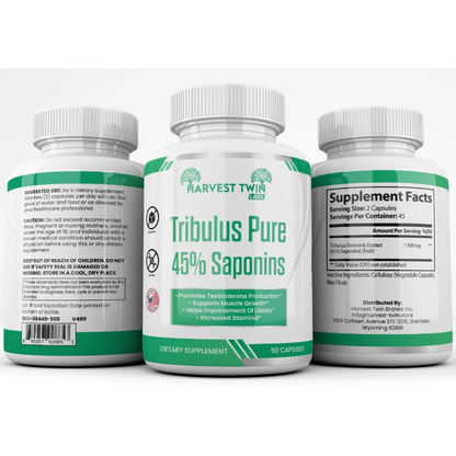 Three white supplement bottles with white caps on a black background. The center bottle shows the front label 'Harvest Twin Labs Tribulus Pure 45% Saponins' with green and teal text, while the left bottle shows the back with usage and warnings, and the right bottle shows the supplement facts panel.