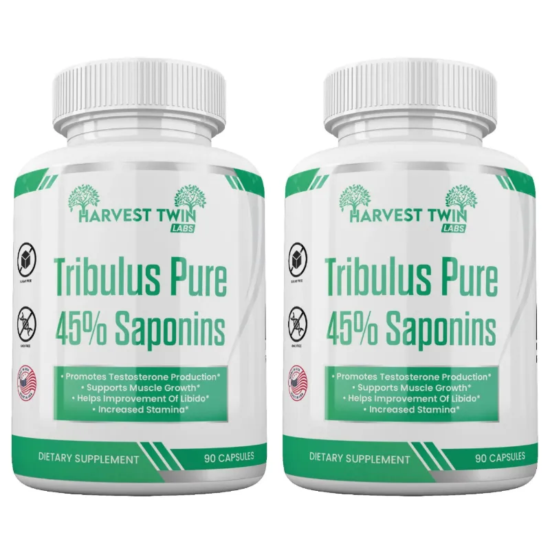 Two white bottles of Harvest Twin Labs Tribulus Pure 45% Saponins dietary supplement, shown side-by-side on a plain white background.