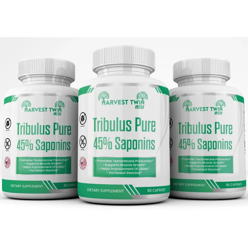 Three white supplement bottles of Harvest Twin Labs Tribulus Pure 45% Saponins, arranged in a row against a clean white background.