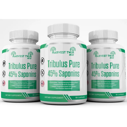 Three white supplement bottles of Harvest Twin Labs Tribulus Pure 45% Saponins, arranged in a row against a clean white background.