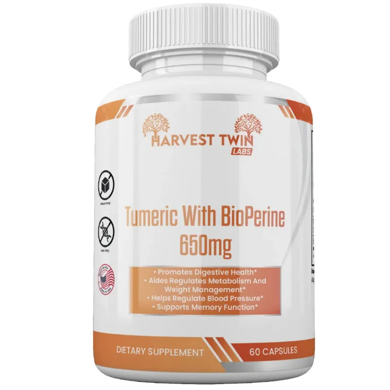 Turmeric with BioPerine 650mg by Harvest Twin Labs – 60 capsules – promotes digestive health, metabolism, blood pressure regulation and memory function – sugar-free, GMO-free dietary supplement