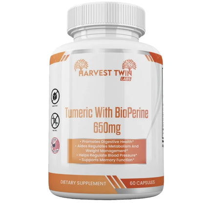 Turmeric with BioPerine 650mg by Harvest Twin Labs – 60 capsules – promotes digestive health, metabolism, blood pressure regulation and memory function – sugar-free, GMO-free dietary supplement