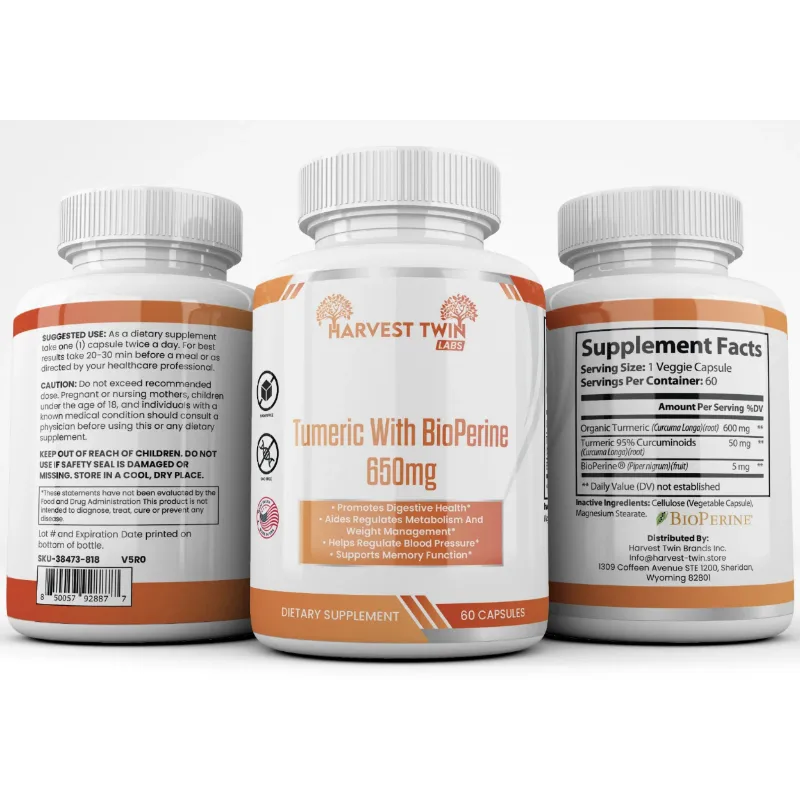 Turmeric with BioPerine 650mg by Harvest Twin Labs – 60 capsules – promotes digestive health, metabolism, blood pressure regulation and memory function – sugar-free, GMO-free dietary supplement