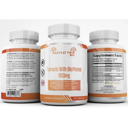 Turmeric with BioPerine 650mg by Harvest Twin Labs – 60 capsules – promotes digestive health, metabolism, blood pressure regulation and memory function – sugar-free, GMO-free dietary supplement