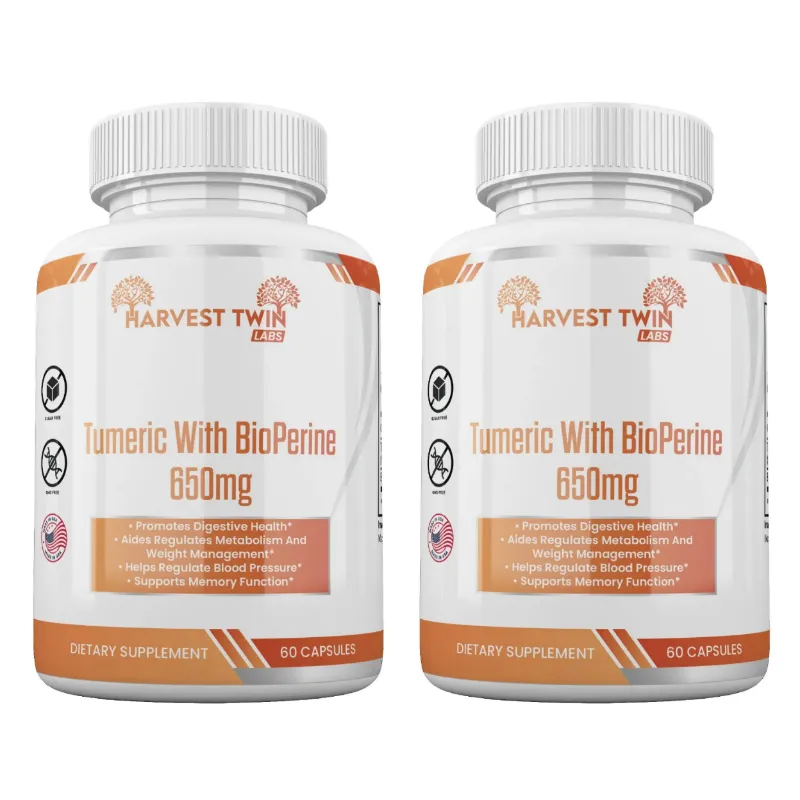 Turmeric with BioPerine 650mg by Harvest Twin Labs – 60 capsules – promotes digestive health, metabolism, blood pressure regulation and memory function – sugar-free, GMO-free dietary supplement