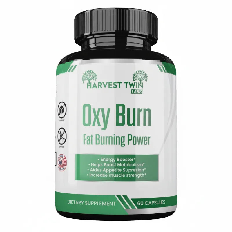 A bottle of Harvest Twin Labs Oxy Burn Fat Burning Power dietary supplement, containing 60 capsules, shown on a plain white background.