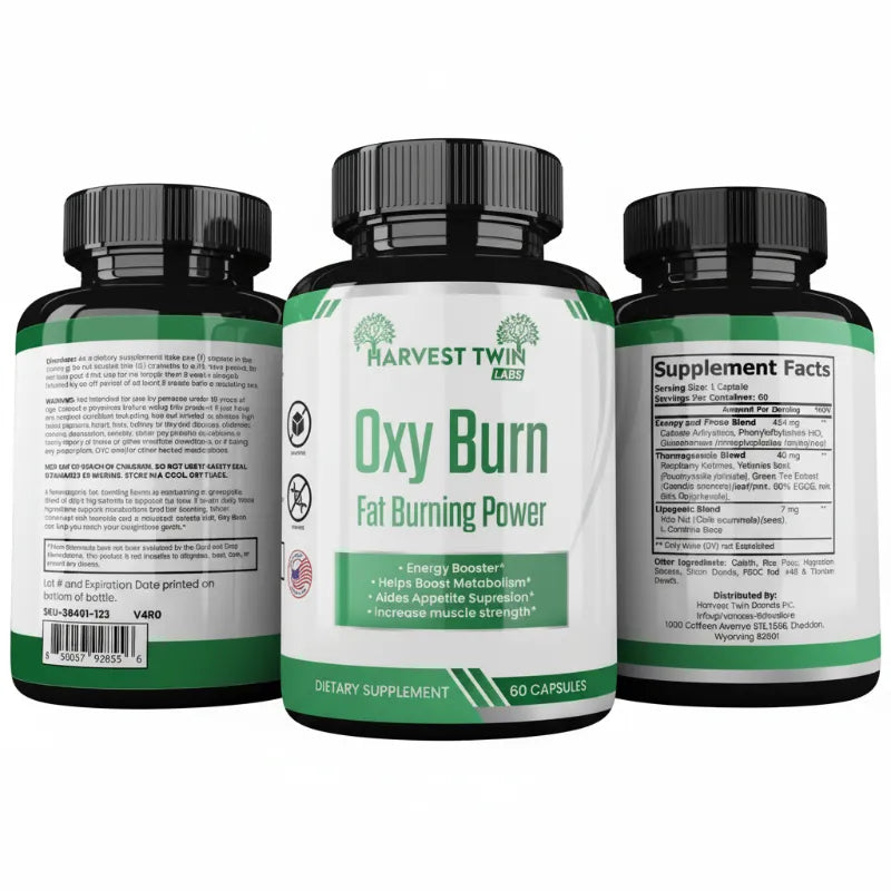 Three supplement bottles for Oxy Burn Fat Burning Power shown from front, back, and side angles on a plain white background.