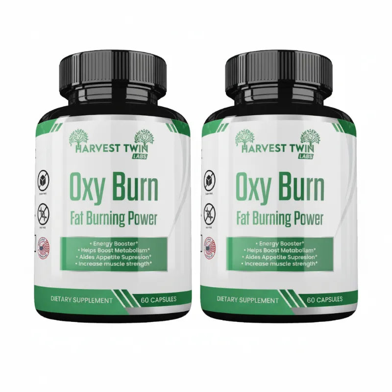 Two black supplement bottles side by side with white and green labels reading HARVEST TWIN Oxy Burn Fat Burning Power, each labeled 60 capsules.