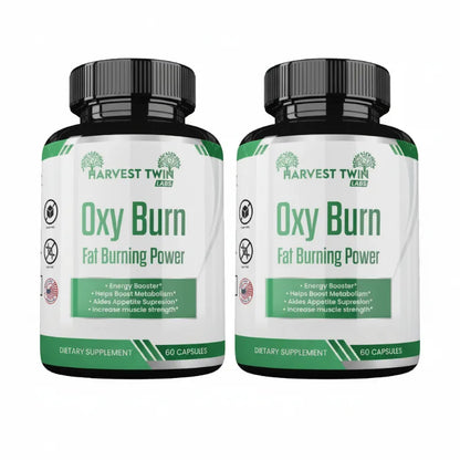 Two black supplement bottles side by side with white and green labels reading HARVEST TWIN Oxy Burn Fat Burning Power, each labeled 60 capsules.