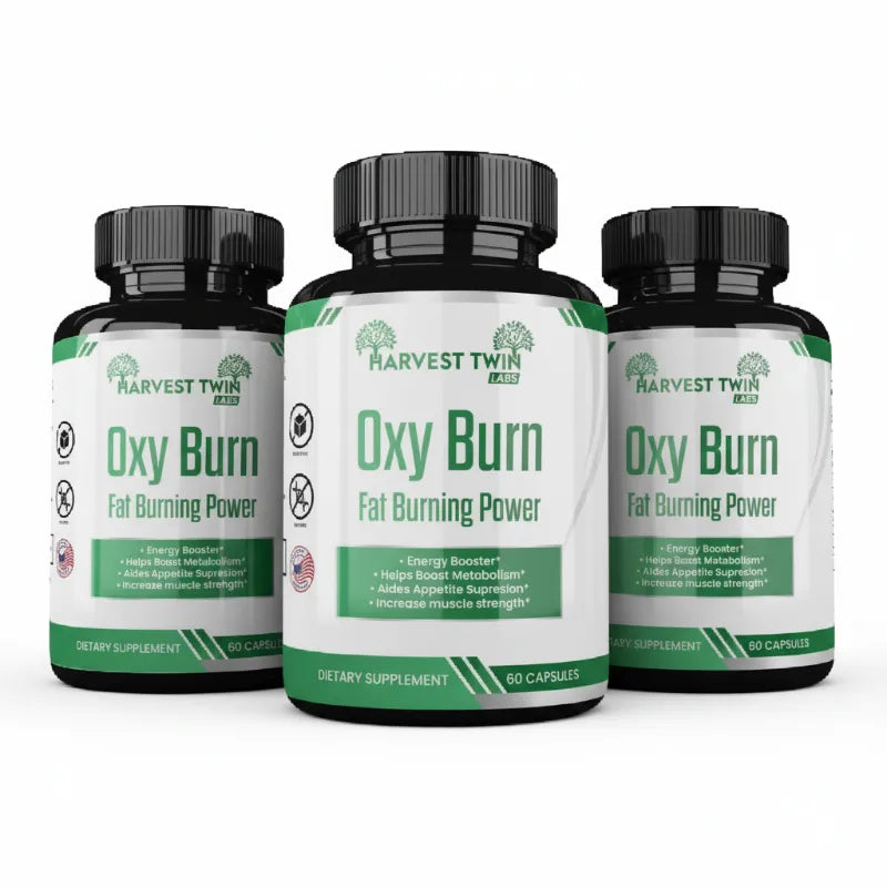 Three supplement bottles of Harvest Twin Labs Oxy Burn Fat Burning Power, with the center bottle in front and the two side bottles slightly behind it, on a white background.