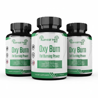Three supplement bottles of Harvest Twin Labs Oxy Burn Fat Burning Power, with the center bottle in front and the two side bottles slightly behind it, on a white background.