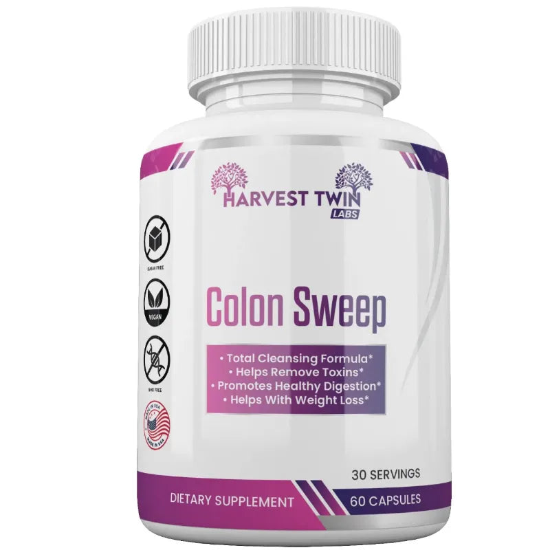 A white bottle of Harvest Twin Labs Colon Sweep dietary supplement with a white cap, featuring purple and magenta accents on the label.