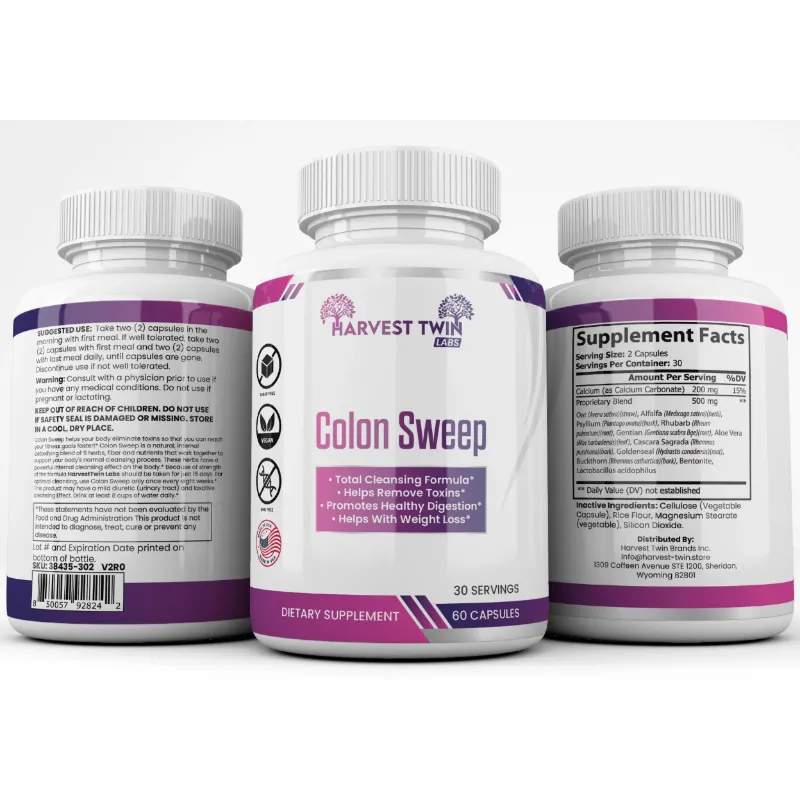 Three supplement bottles labeled Harvest Twin Colon Sweep shown on a plain white background, with the center bottle facing forward and the side bottles showing the back and front supplement facts panels.