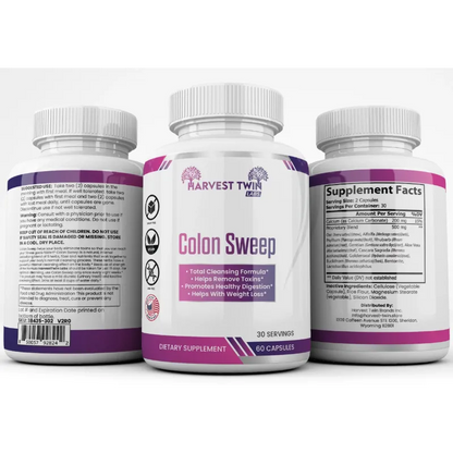 Three supplement bottles labeled Harvest Twin Colon Sweep shown on a plain white background, with the center bottle facing forward and the side bottles showing the back and front supplement facts panels.