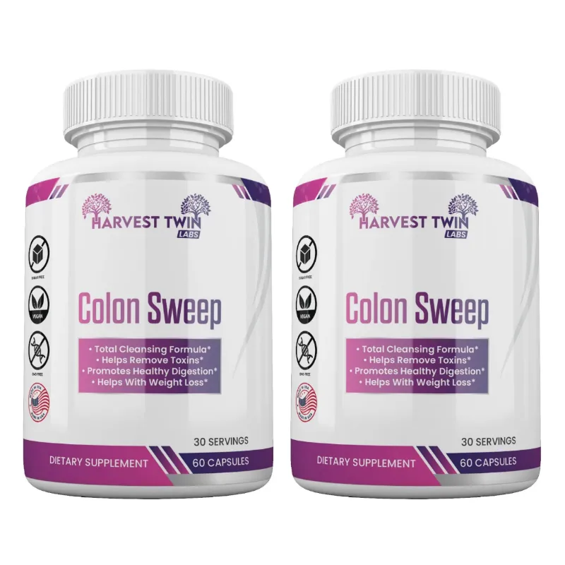 Two white supplement bottles of Harvest Twin Labs Colon Sweep shown side by side on a white background.