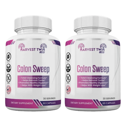Two white supplement bottles of Harvest Twin Labs Colon Sweep shown side by side on a white background.