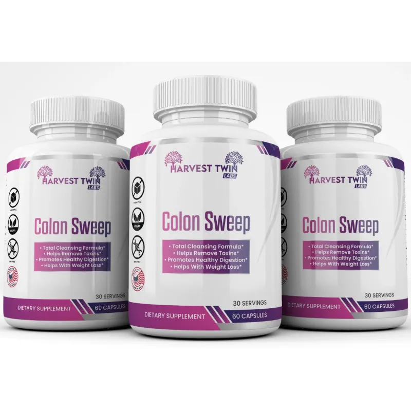 Three white bottles of Harvest Twin Labs Colon Sweep dietary supplement capsules, with the center bottle featured prominently and the two on either side slightly blurred.