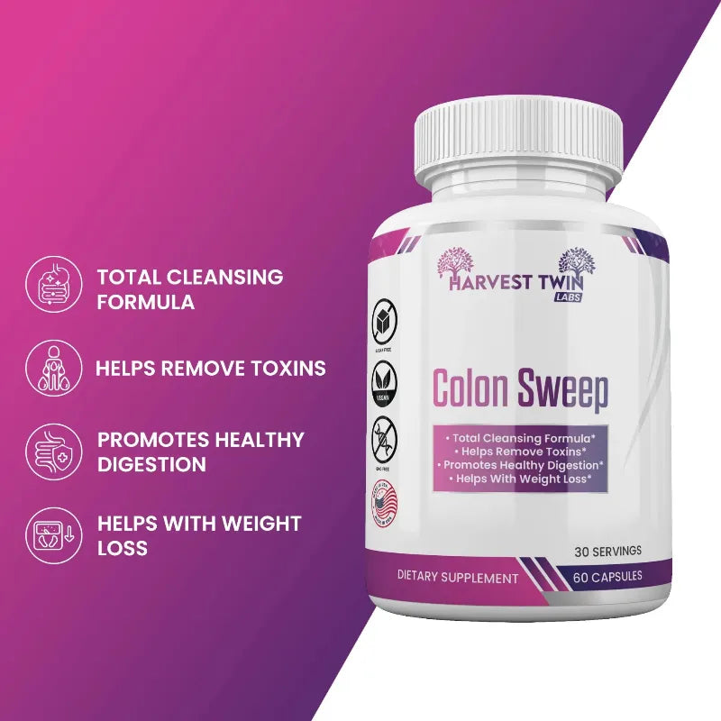 Harvest Twin Colon Sweep dietary supplement bottle on a purple and white graphic background with feature callouts on the left.